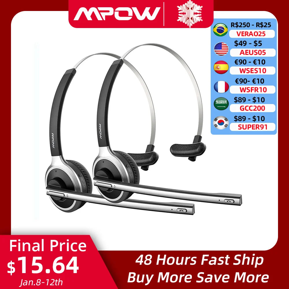 1 2 pack Mpow M5 Bluetooth V5.0 Headset Wireless Truck Driver paulfocusstore